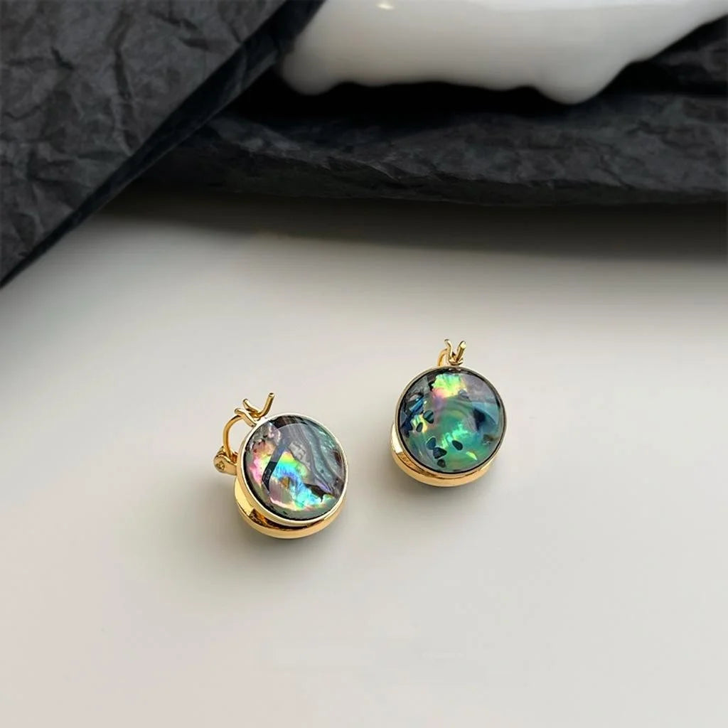 Vintage Style Round Geometric Abalone Shell Copper Double Sided Drop Earrings