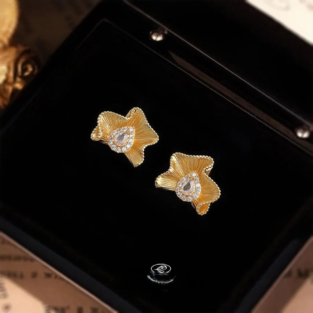 Silver Plated Copper Stud Earrings Micro Pave Zircon Abstract Pleated Geometric Wave Design