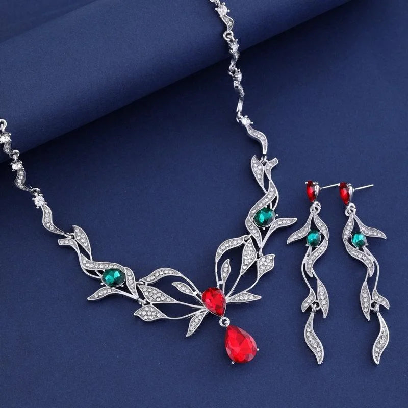 Luxury Red Green Crystal Rhinestone Leaf Necklace And Earrings Jewelry Set For Wedding Party Banquet Gift