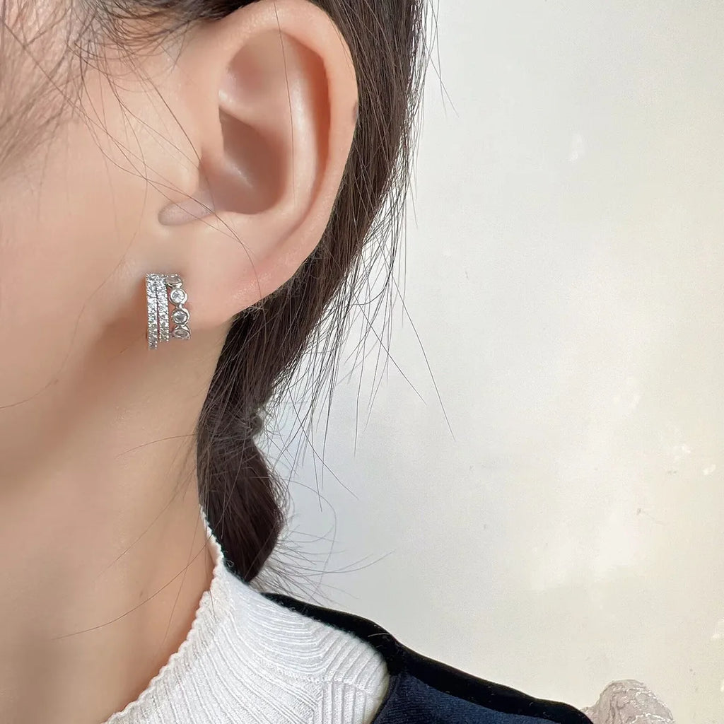 Elegant C-Shaped Zircon Hoop Stud & Clip On No Piercing Silver Tone Commuter Huggie Earrings