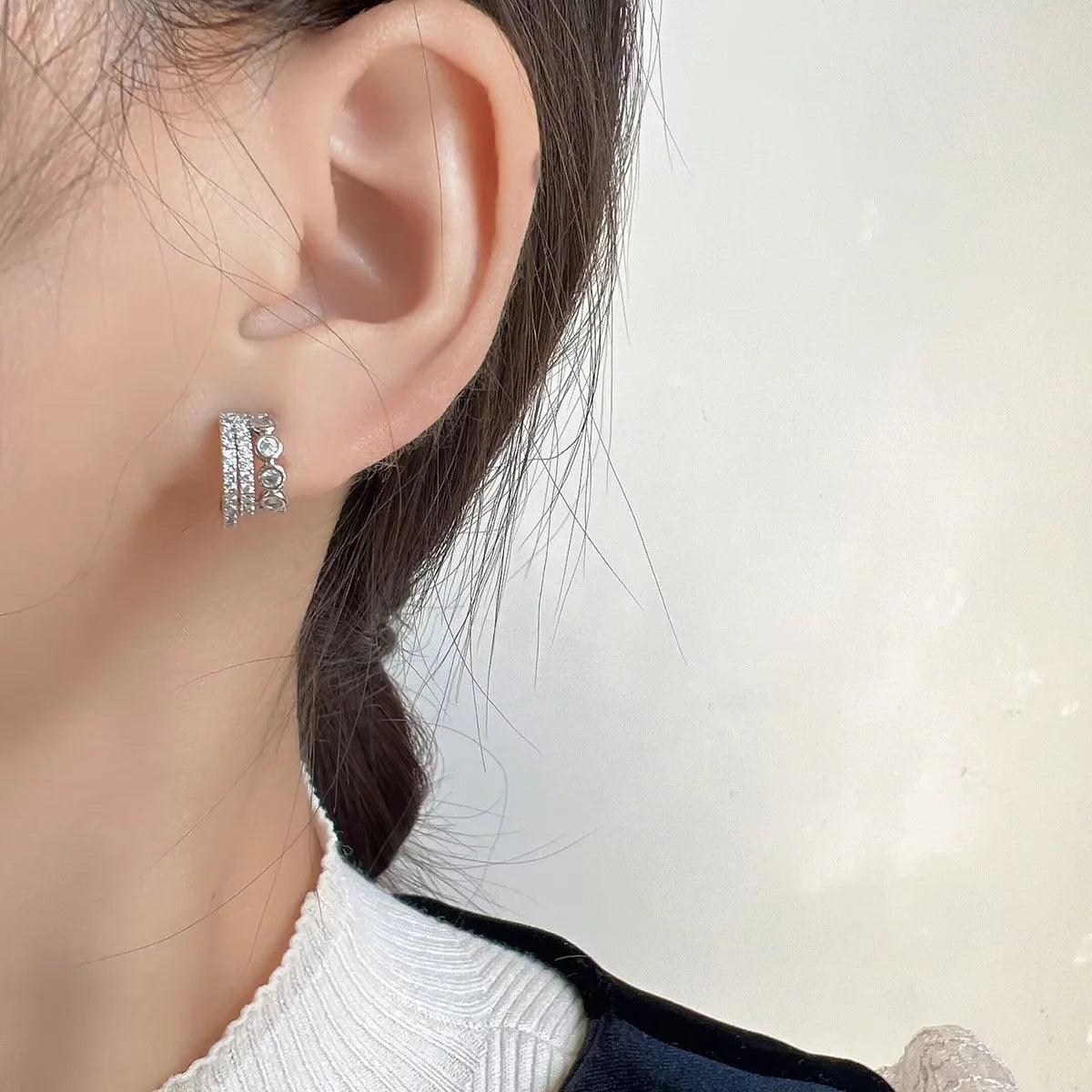 Elegant C-Shaped Zircon Hoop Stud & Clip On No Piercing Silver Tone Commuter Huggie Earrings