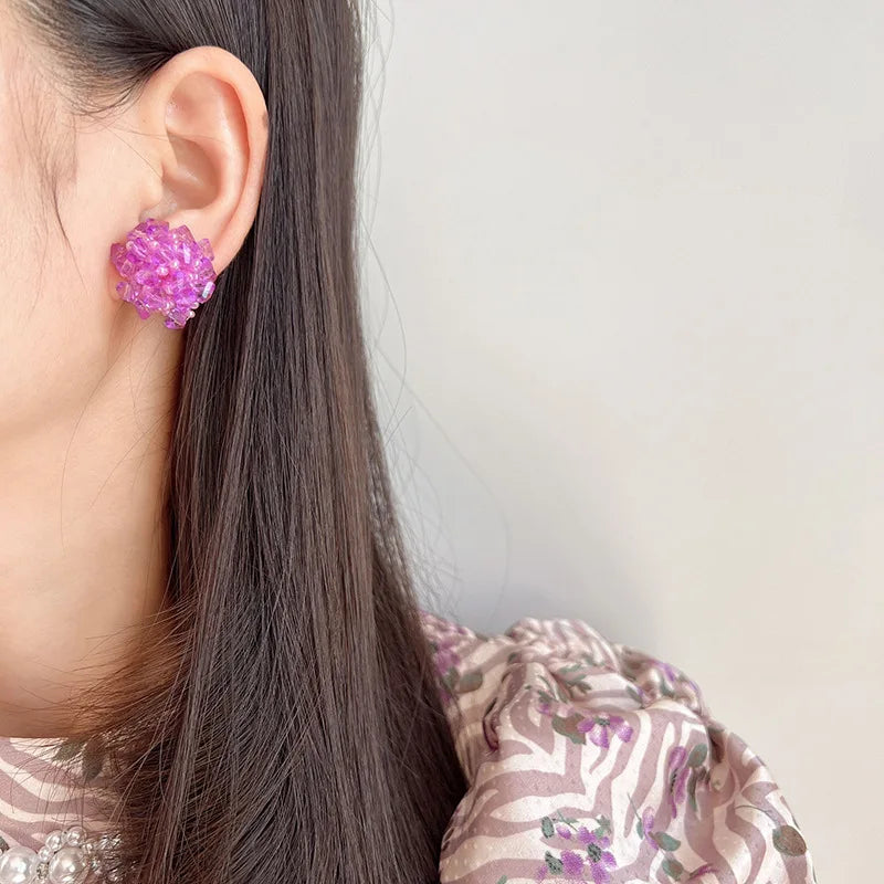 Elegant Purple Crystal Beaded Flower Stud & Clip On No Piercing Handmade Pearl Cluster Earrings