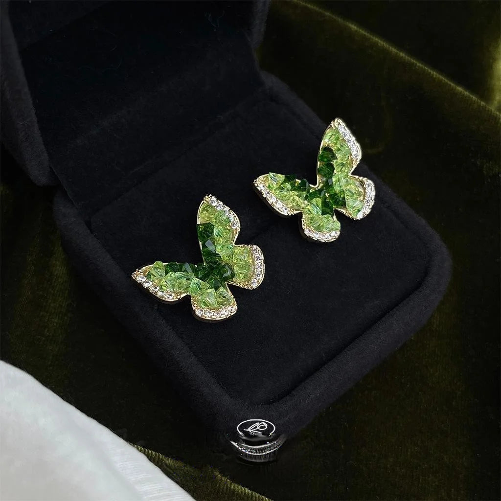 Pastoral Butterfly Micro Pave Zircon Glass Crystal 14K Plated Copper Stud Earrings