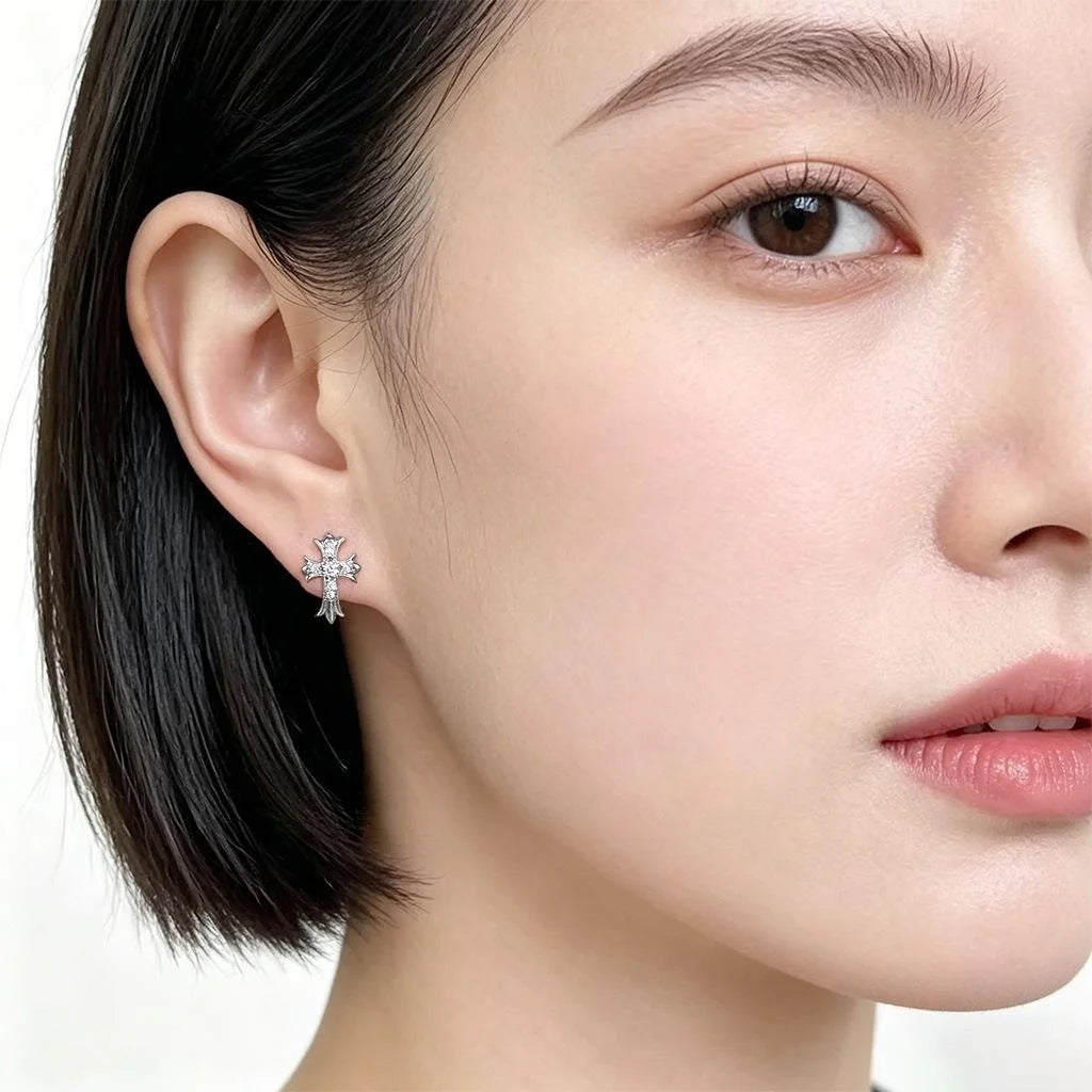 Punk Copper Micro Pave Zircon Cross Mini Stud Earrings Street Fashion Geometric Jewelry