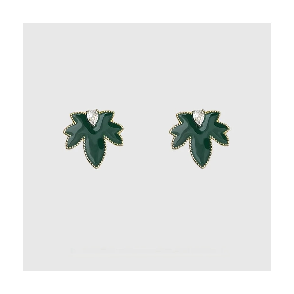 Original Green Enamel Maple Leaf Drop Earrings Copper Zircon Micro Pave Fresh Commute Jewelry