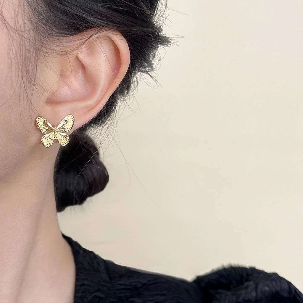 Textured Copper Butterfly Stud Earrings French Vintage New Chinese Elegant Jewelry