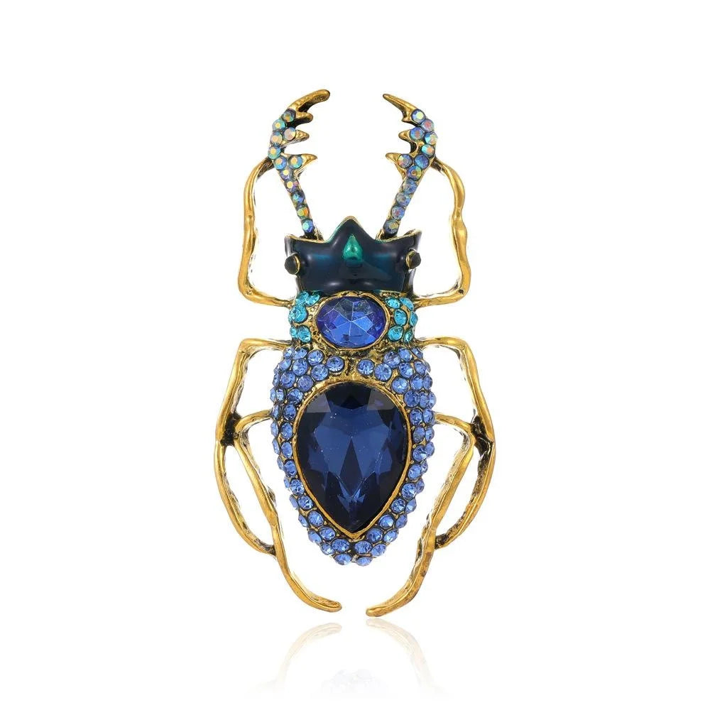 Luxury Blue Rhinestone Beetle Brooch, Gold Alloy Enamel Insect Lapel Pin Corsage Suit Accessory Gift