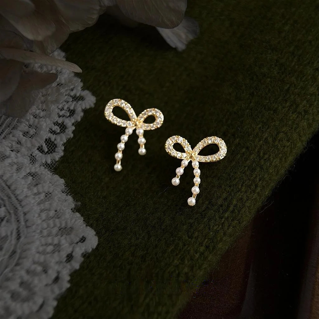 Cute Bow Pearl Stud Earrings With Micro Pave Zircon 14K Plated Eco Copper