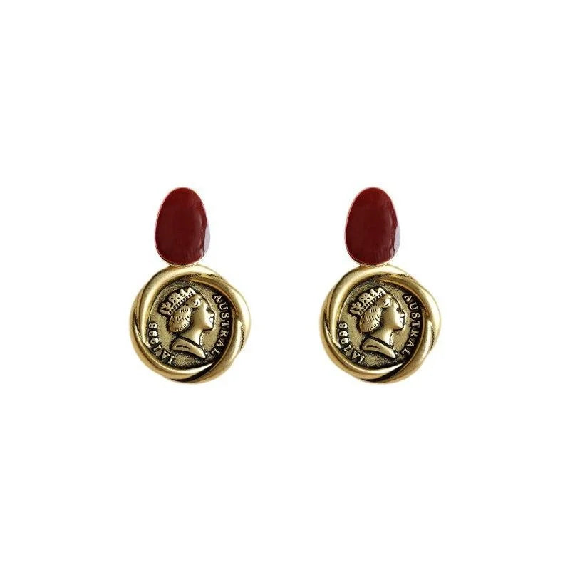 French Vintage Palace Style 14K Plated Antique Gold Coin Copper Stud Earrings