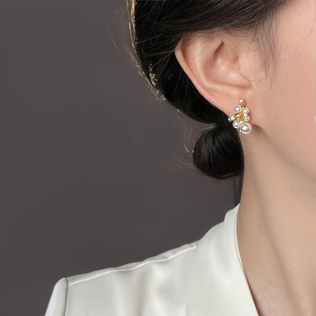 Light Luxury Copper Zircon Pearl Flower Geometric Drop Earrings With Silver Plated Pins