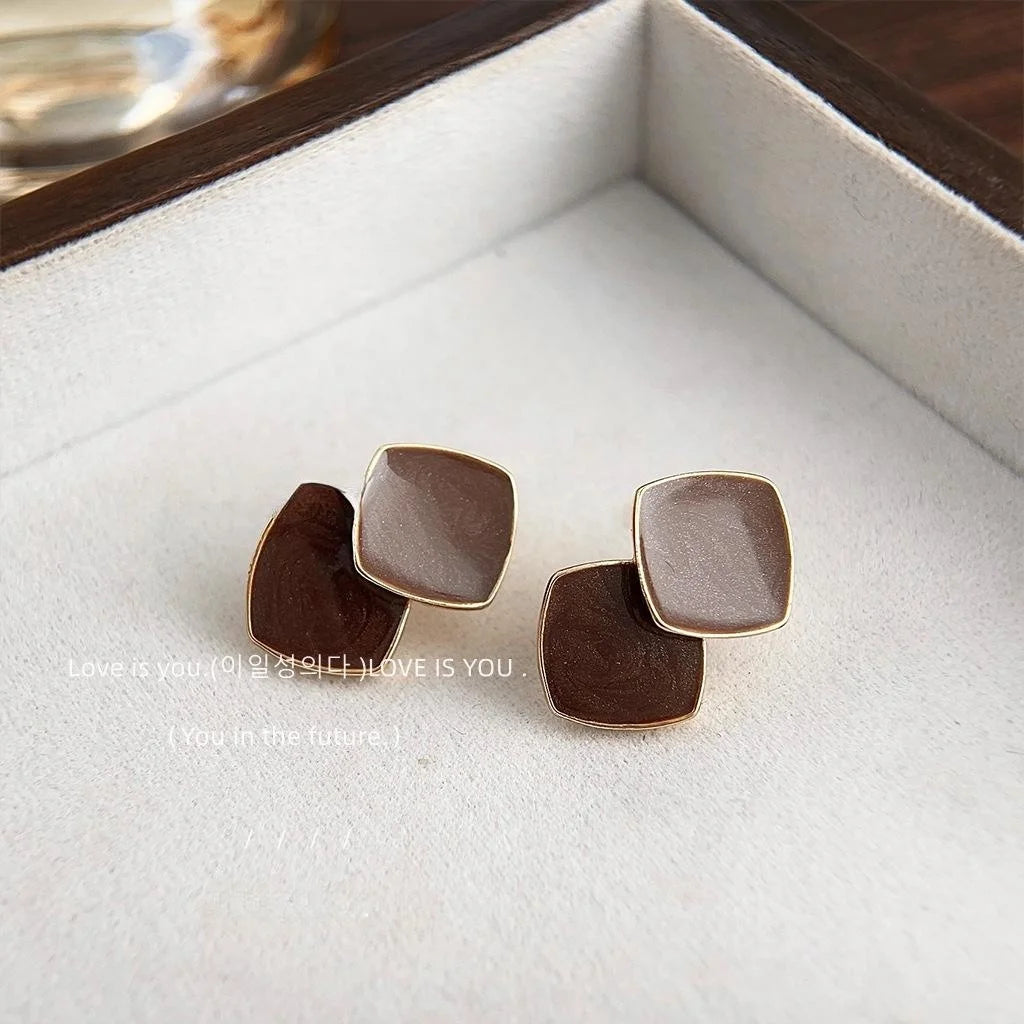 Maillard Brown Geometric Rhombus Drop Earrings Copper French Hong Kong Style