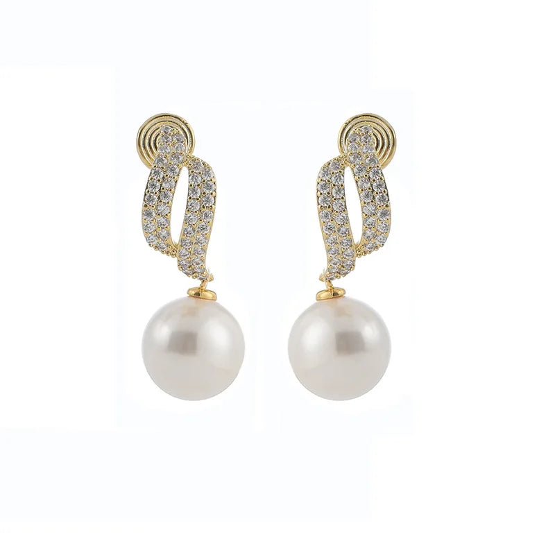 Elegant Pearl Drop Spiral Zircon Pave Alloy Stud & Clip On No Piercing Luxury Women's Earrings