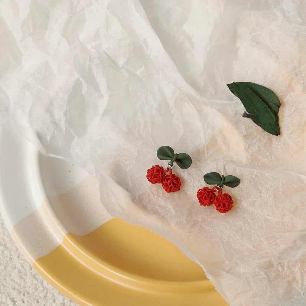 Sweet Cherry Stud Earrings Copper Enamel Leaf Fruit Jewelry