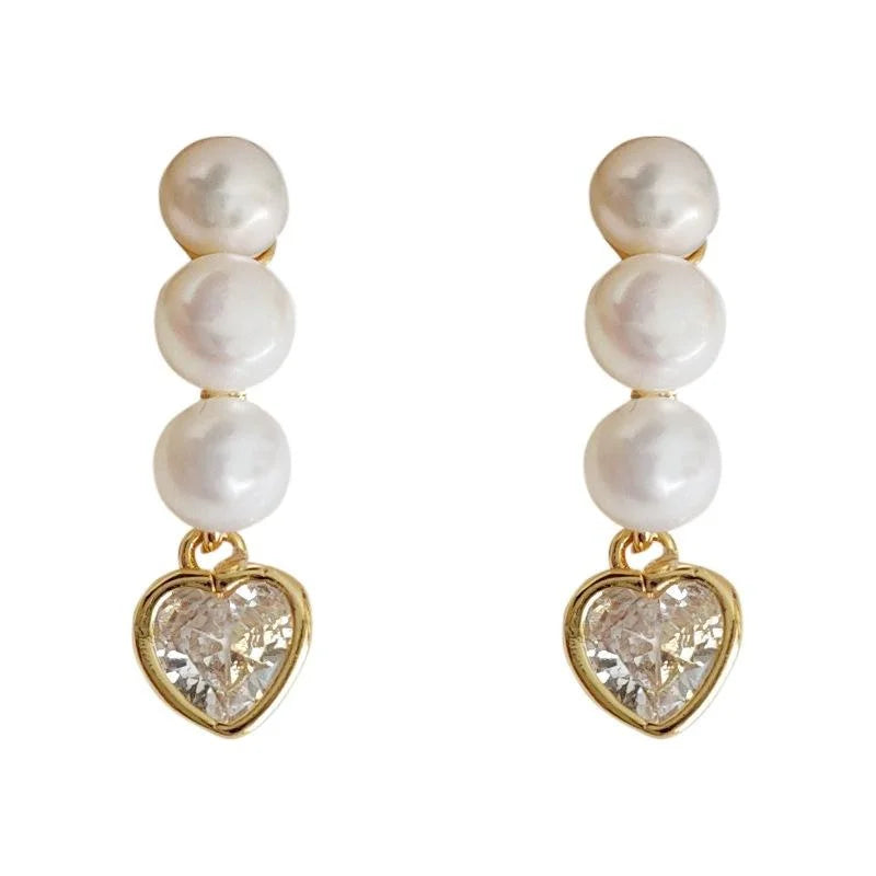 14K Gold Plated Copper Heart Freshwater Pearl Micro Pave Zircon Stud Earrings Luxury Jewelry