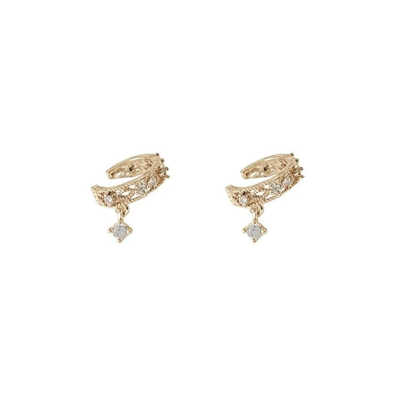 French Style 14K Gold Plated Copper Micro Pave Zircon Hoop Ear Clip Drop Earrings