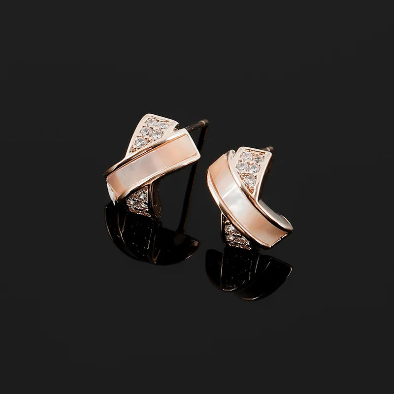Elegant Shell Cross Rose Gold Tone Zircon Enamel Stud & Clip On No Piercing Commuter Luxury Earrings