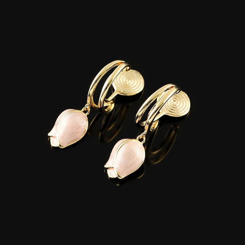 Elegant Pink Enamel Rose Flower Alloy Drop Stud & Clip On No Piercing Spiral Disc Dangle Earrings