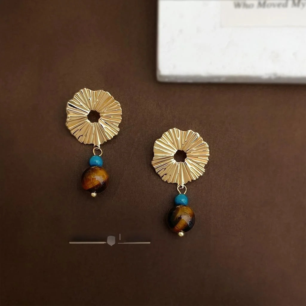 Vintage Natural Tiger Eye Stone Seed Bead Geometric Hoop Drop Earrings For Women