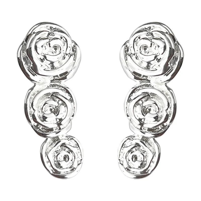 New Chinese Style Silver Rose Stud Earrings Eco-Friendly Copper 3D Floral Minimalist Jewelry