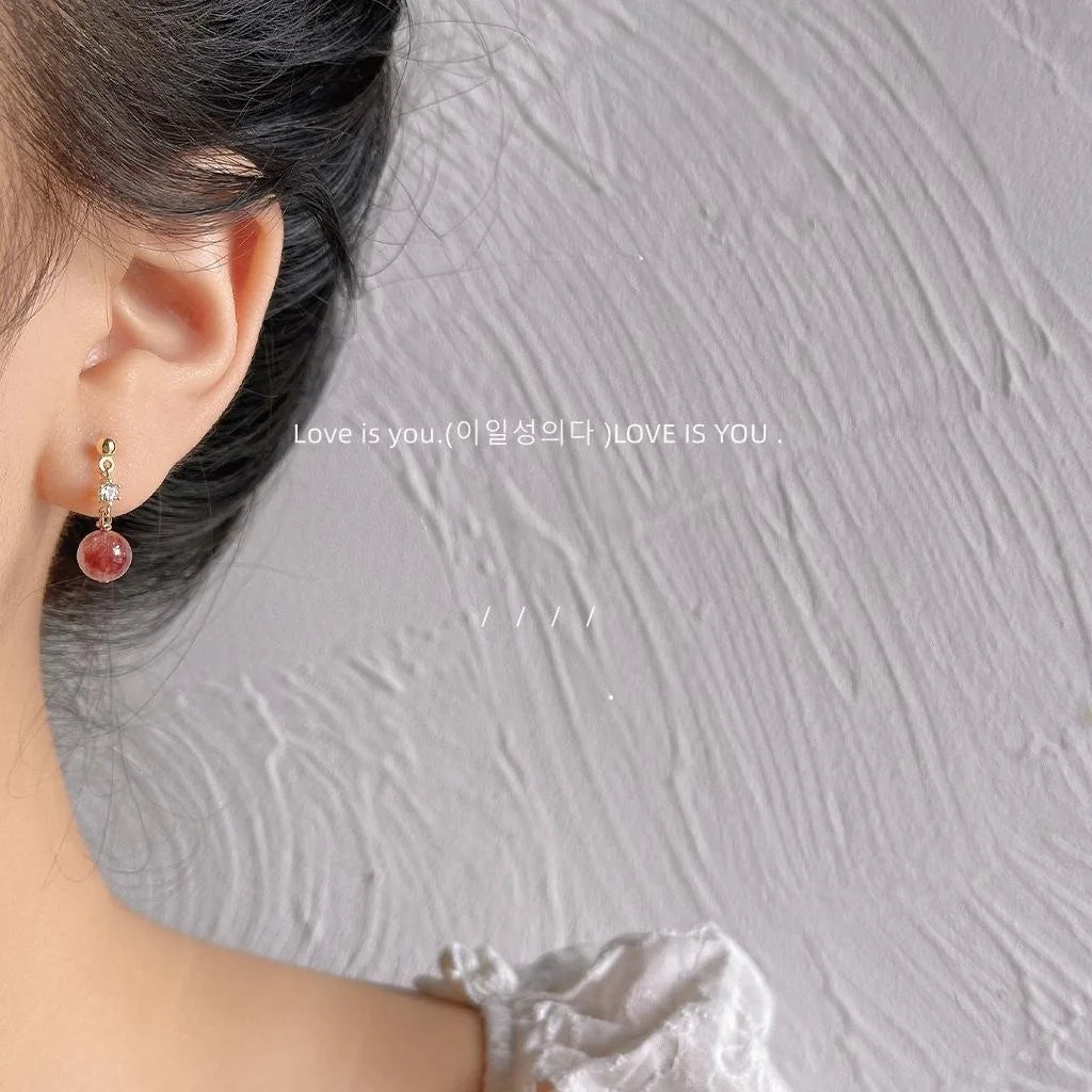 Mini Round Strawberry Quartz 14K Plated Handmade Stud Earrings