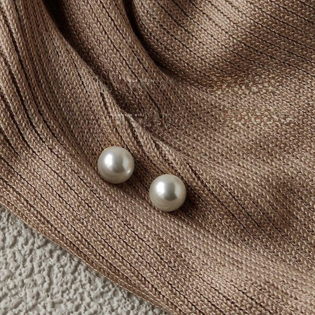 Korean Style Round Shell Pearl Stud Earrings Silver Plated Pin Minimalist Women's Jewelry
