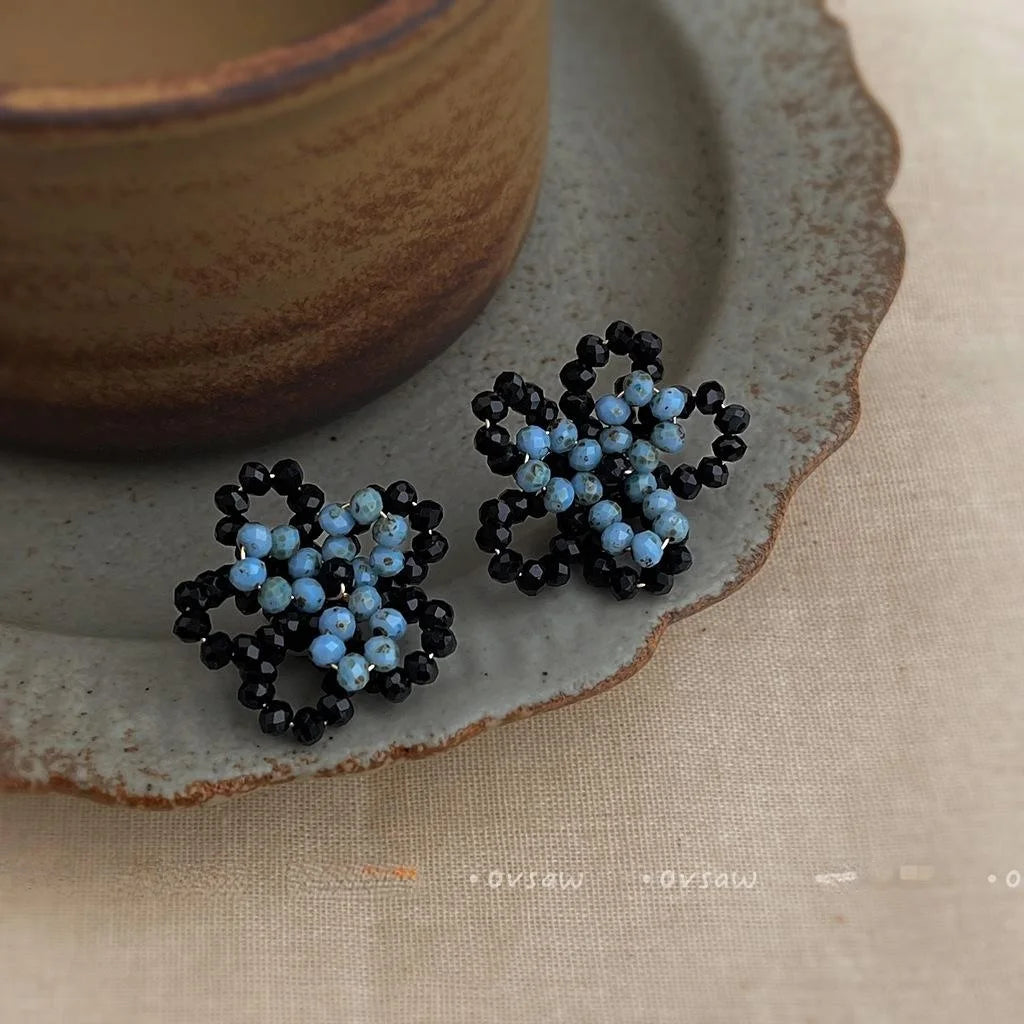 Haze Blue Handmade Woven Flower Stud Earrings Copper Glass Crystal Premium Niche Jewelry