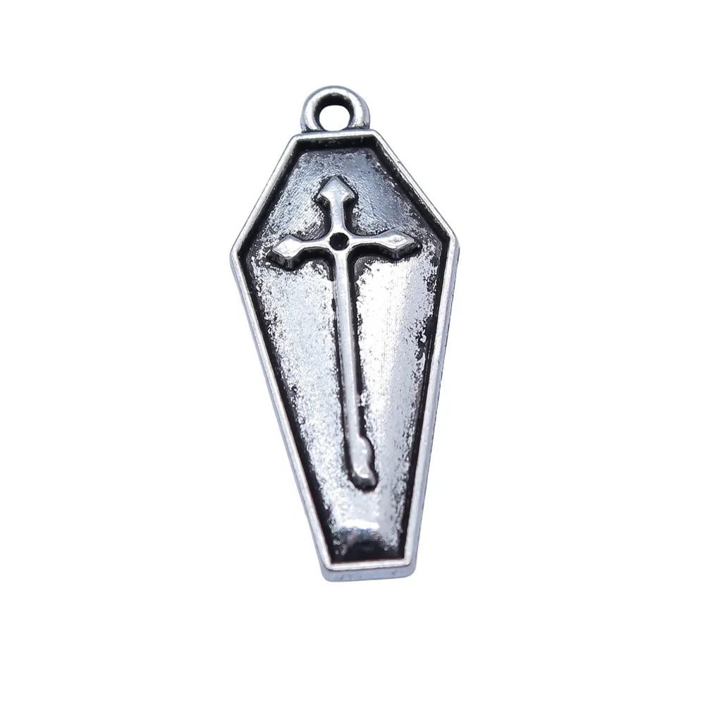 12x26mm 1.1g Antique Silver Zinc Alloy Cross Coffin Charm Pendant for DIY Gothic Jewelry Making