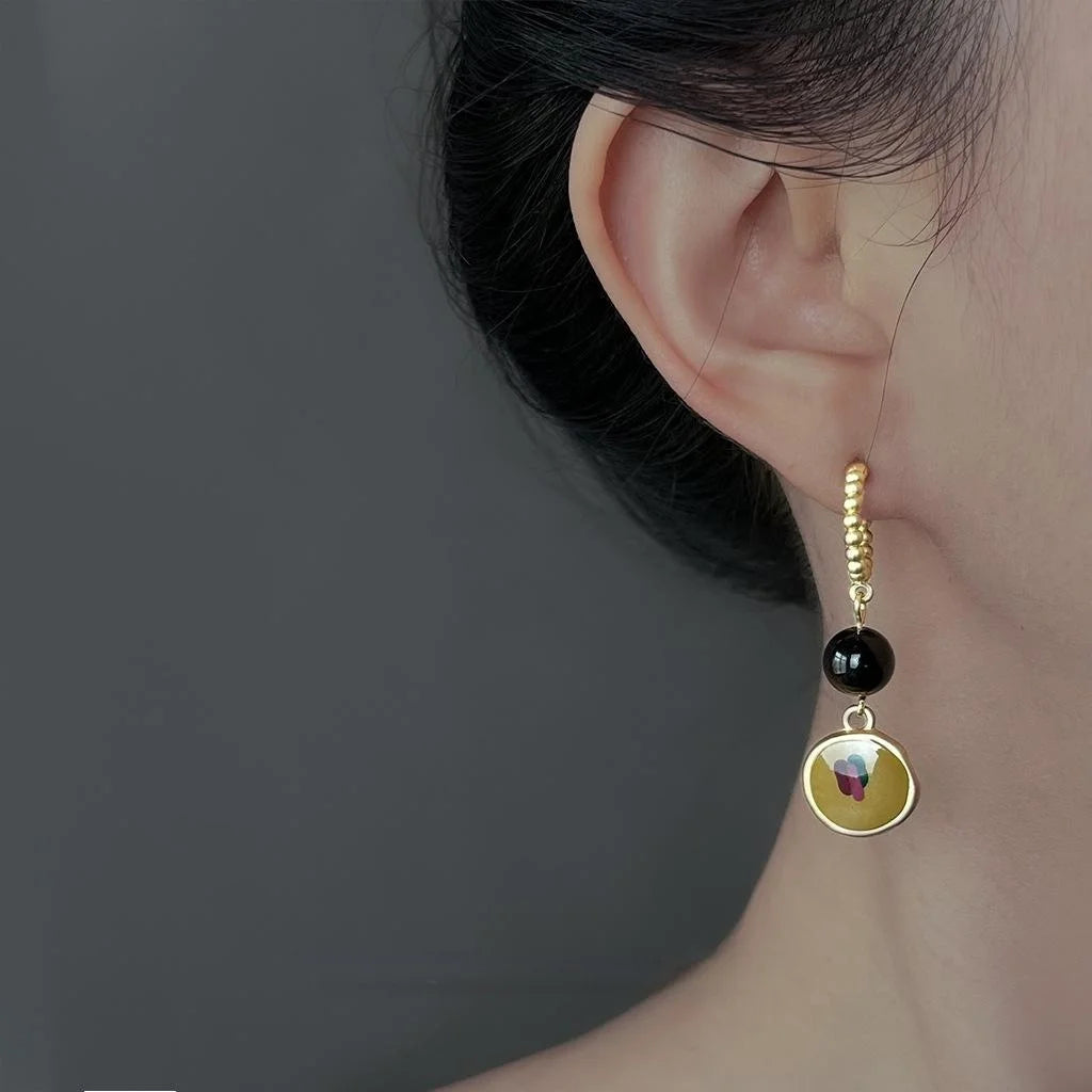 Vintage Oil Painting Style Tiger Eye Stone Enamel Geometric Long Drop Earrings for Women