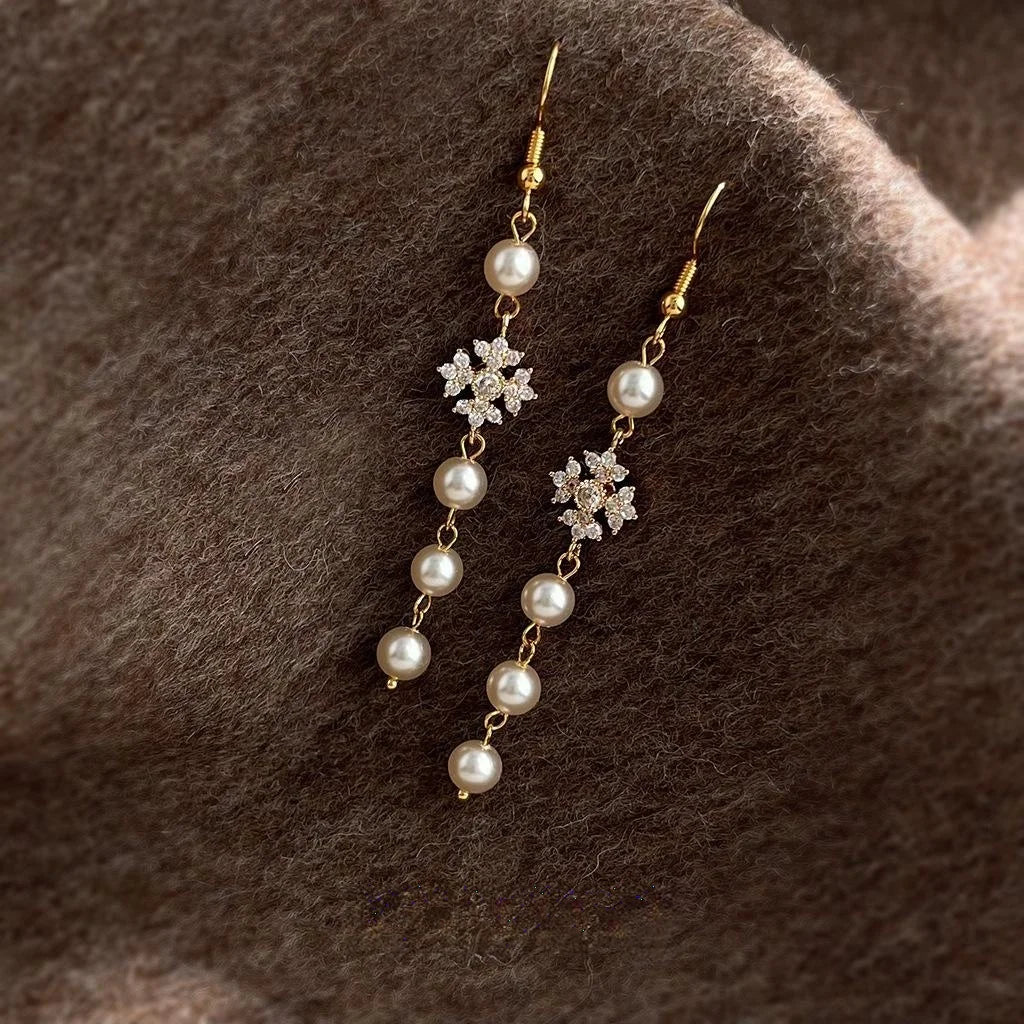 French Style Copper Zircon Micro Pave Glass Pearl Tassel Geometric Drop Earrings