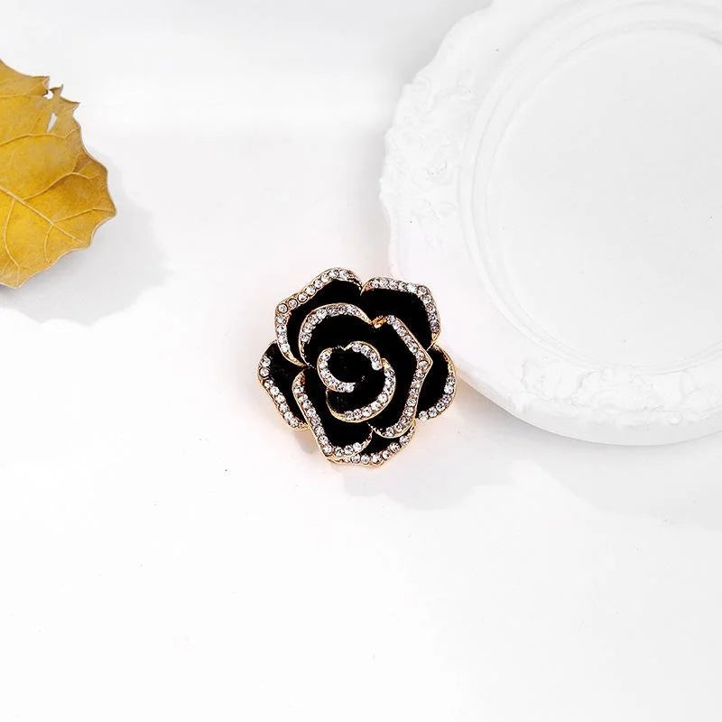 Elegant Black Enamel Camellia Flower Brooch With Rhinestones, Gold Alloy Lapel Pin Suit Accessory