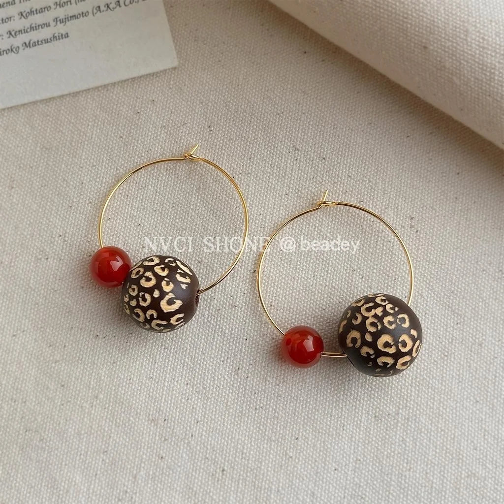 Vintage Maillard Leopard Print Wood Bead Hoop Earrings Red Agate Copper Geometric Round Jewelry