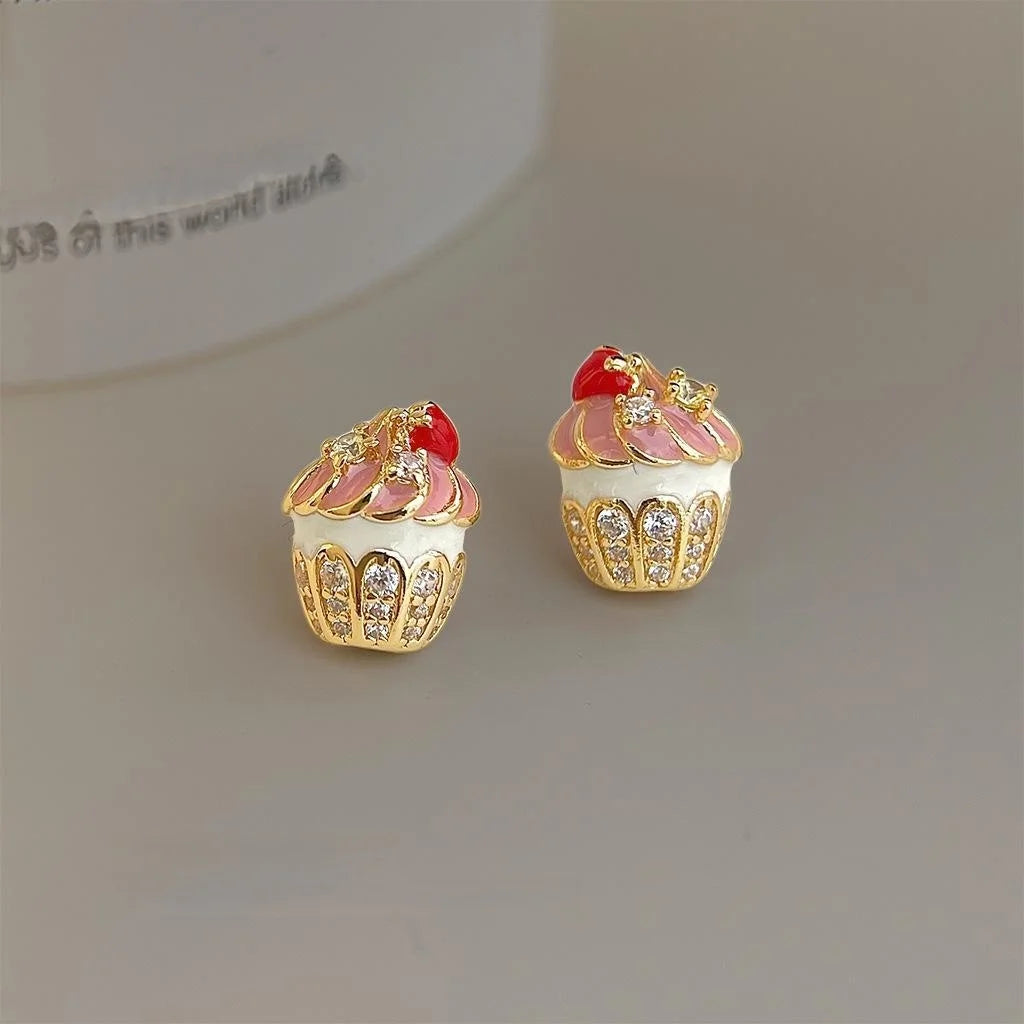 Cute Hand Painted Cake Ice Cream Stud Earrings For Women Copper Zircon Micro Pave Sweet Jewelry