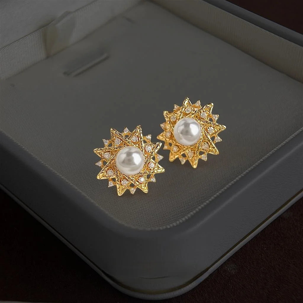 High Luster Pearl And Zircon Sun Geometric Micro Pave Stud Earrings Light Luxury Jewelry