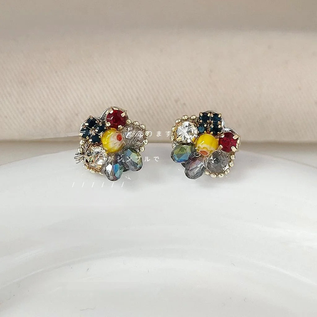 Sweet Floral Glass Crystal Stud Earrings With 14K Plated Copper Handmade Design