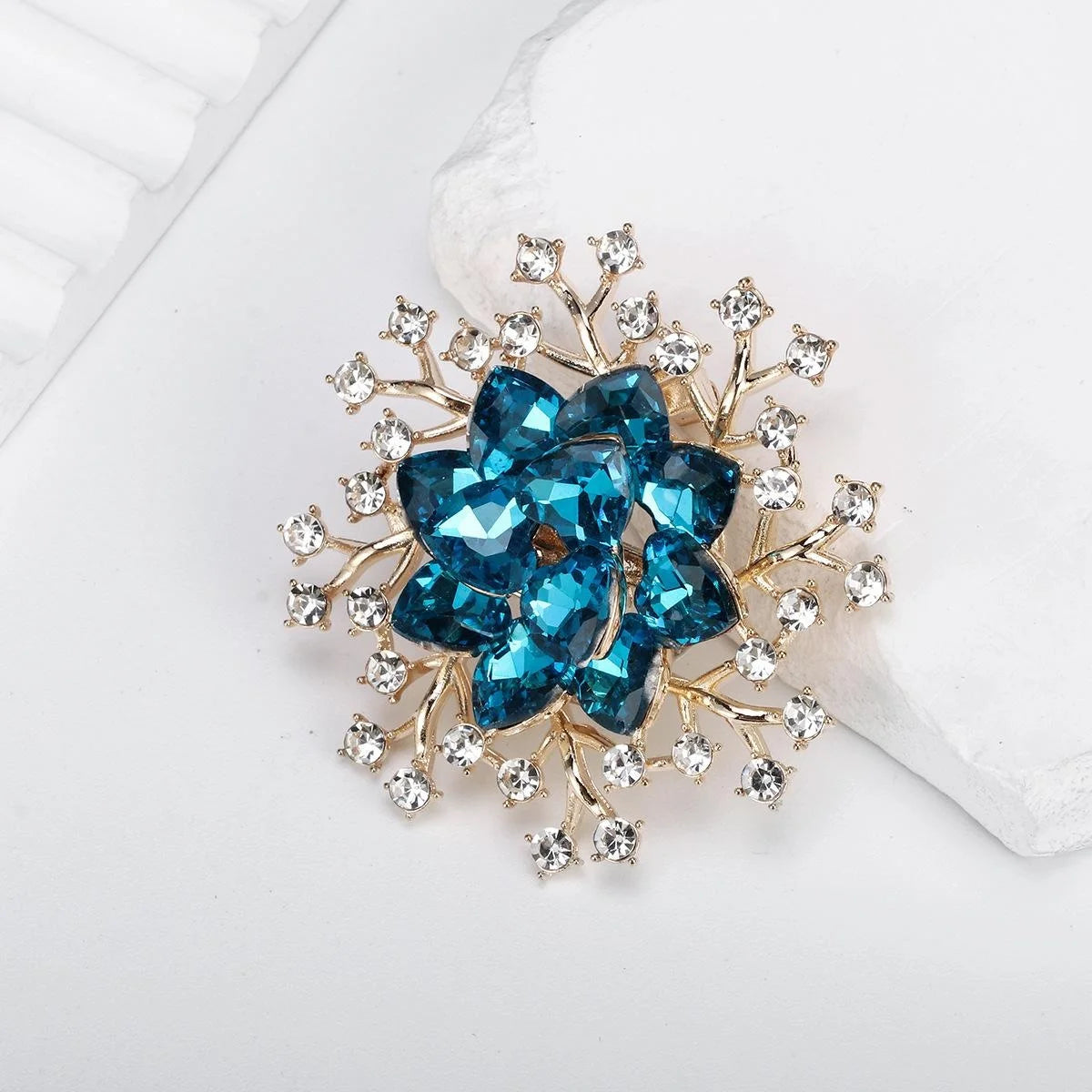Luxury Blue Crystal Flower Rhinestone Brooch, Gold Alloy Floral Lapel Pin Corsage Suit Accessory Gift