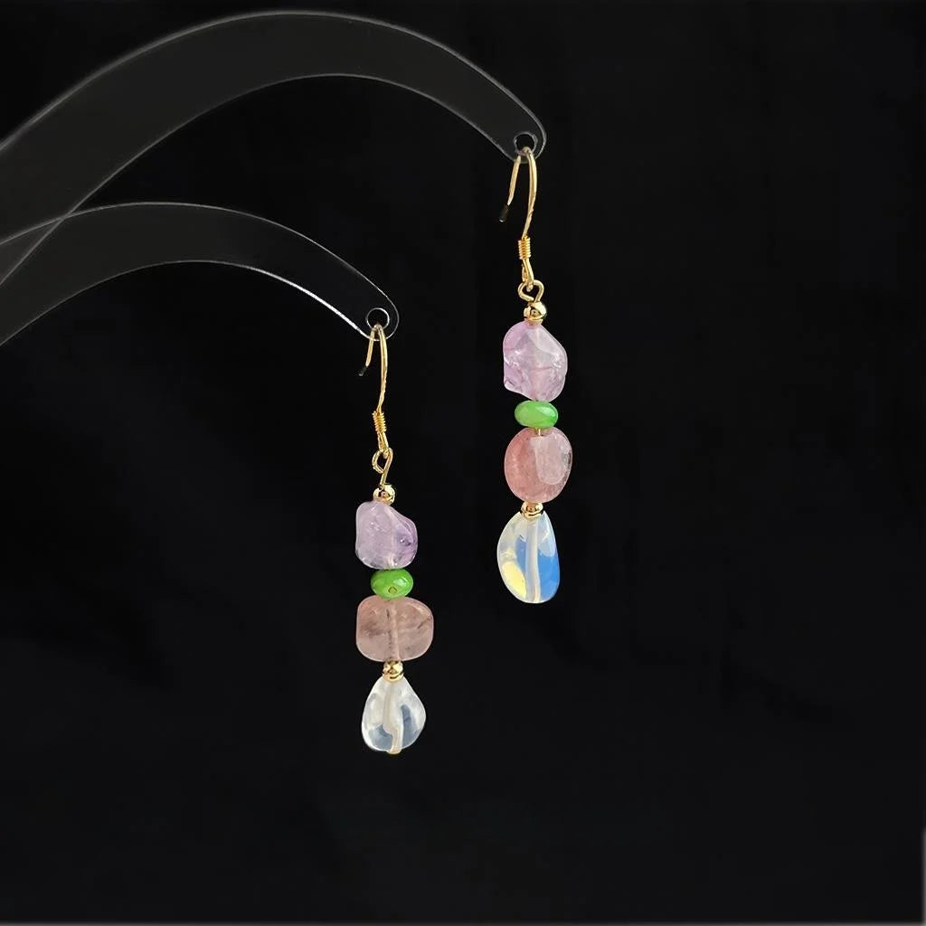 Handmade Natural Stone Drop Earrings With Strawberry Quartz Amethyst Irregular Geometric Pastoral Style