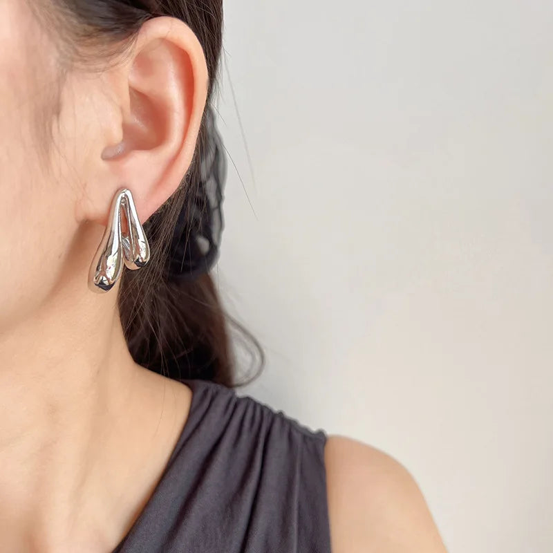 Elegant Silver Alloy Abstract Teardrop Waterdrop Stud & Clip On No Piercing Statement Earrings