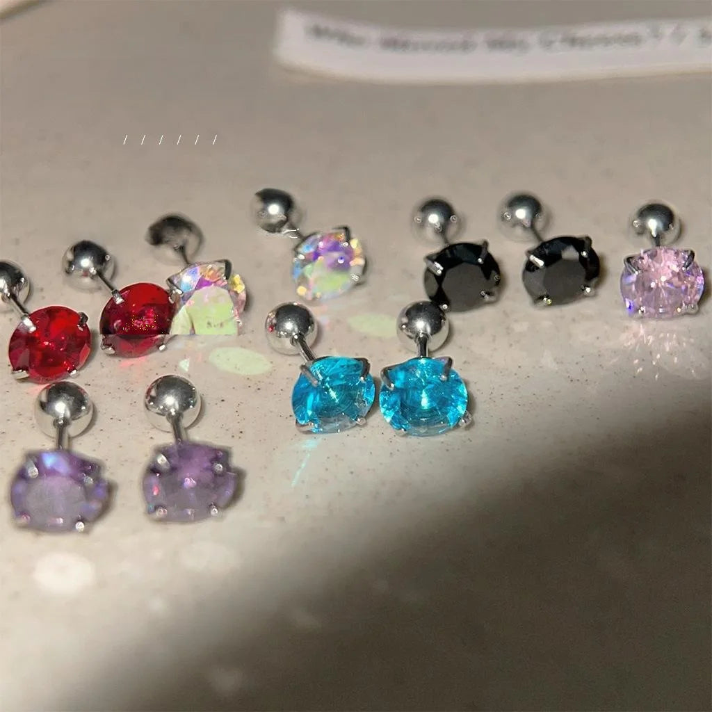304 Stainless Steel Screw Back Stud Earrings With Colorful Zircon Round Geometric Minimalist Design