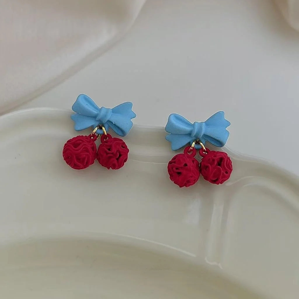 Sweet Preppy Enamel Cherry Bow Copper Drop Earrings For Women