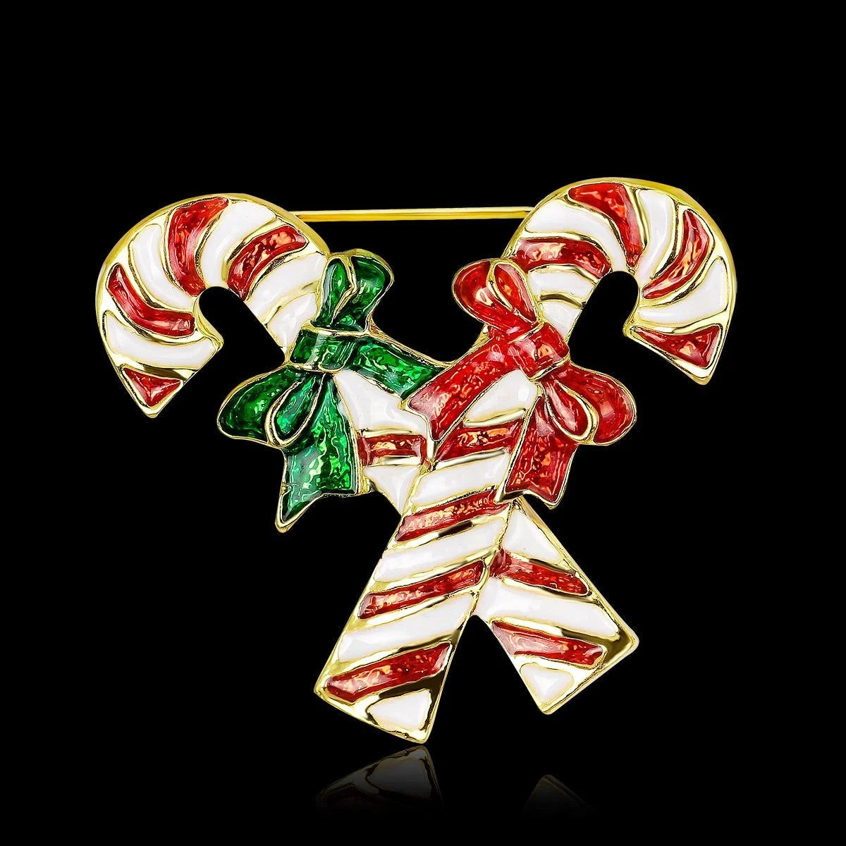 Cute Christmas Candy Cane Enamel Brooch With Red Green Bows, Gold Tone Alloy Lapel Pin Corsage Gift