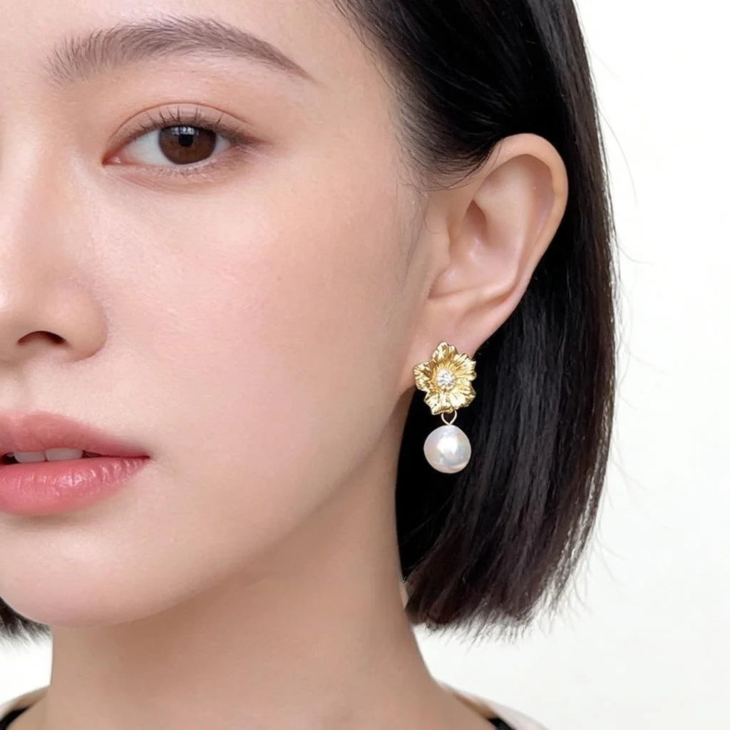 Baroque Freshwater Pearl Flower Stud Earrings Handmade Vintage Copper Jewelry For Women