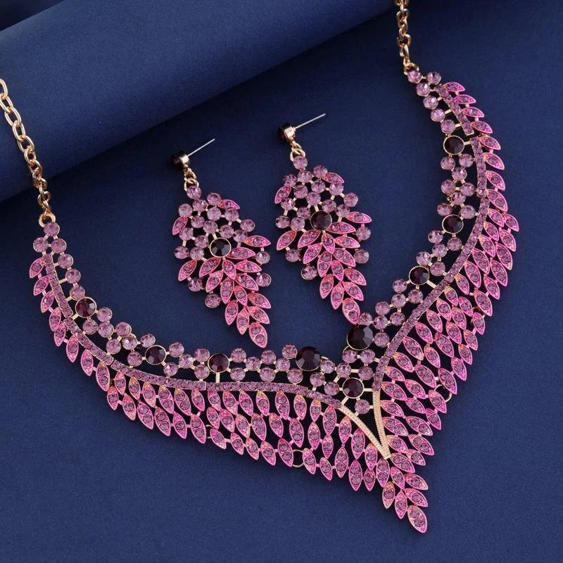 Vintage Pink Rhinestone Leaf Necklace And Chandelier Earrings Jewelry Set, Luxury Alloy Bridal Jewelry For Banquet