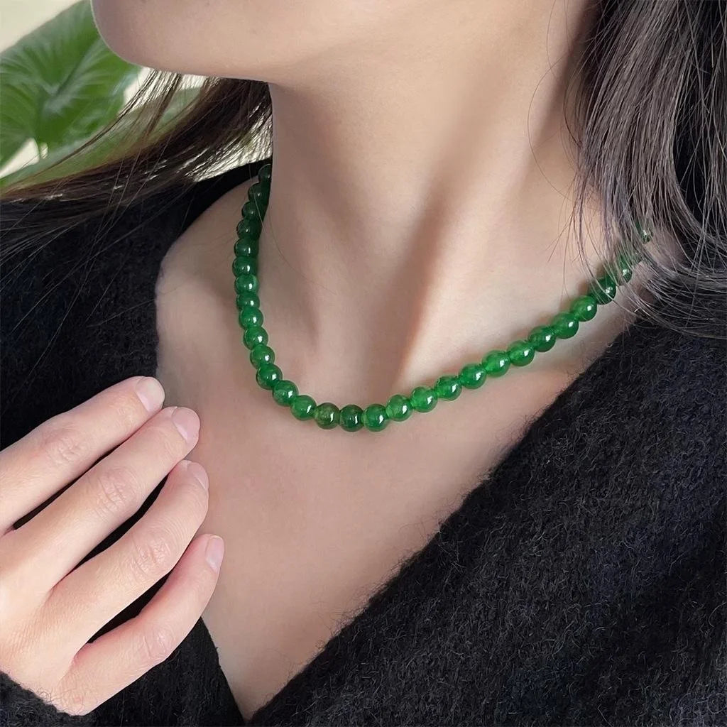 New Chinese Style Glassy Imperial Green Chalcedony Agate Detachable Sweater Necklace