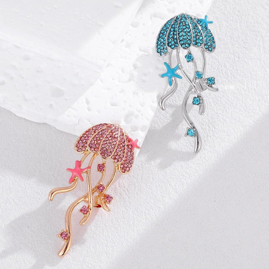 Luxury Jellyfish Starfish Rhinestone Enamel Brooch, Gold Tone Women's Lapel Pin Corsage Suit Accessory Gift