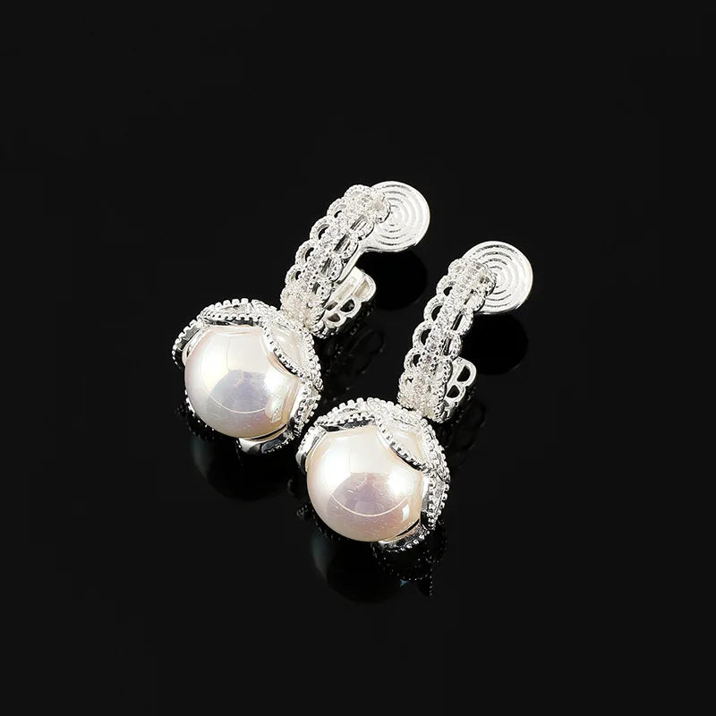Elegant French Lace Filigree Spiral Circle Pink Pearl Rhinestone Stud & Clip On No Piercing Earrings