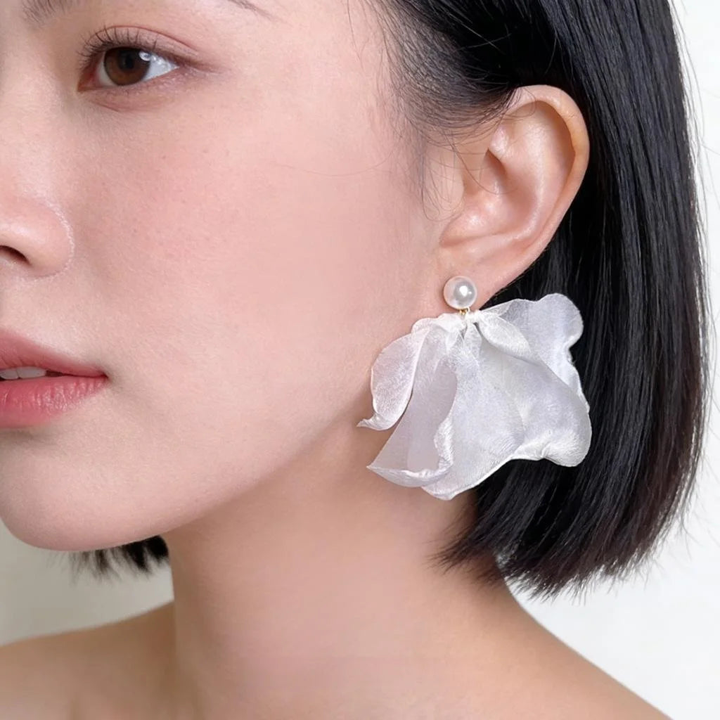Minimalist Lace Mesh Flower Drop Earrings With Pearl For Women