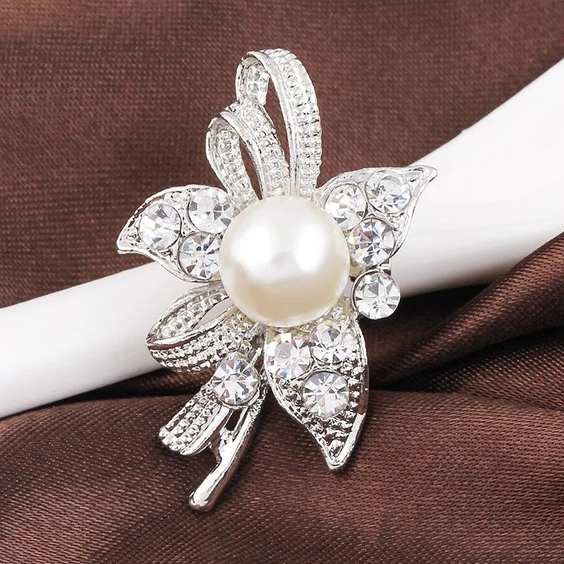 Elegant Pearl Flower Brooch With Rhinestone Alloy Petals, Bridal Corsage Lapel Pin And Suit Accessory Gift