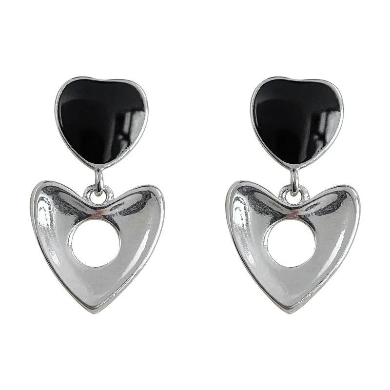 Sweet Cool Black Enamel Hollow Heart Copper Drop Earrings For Women