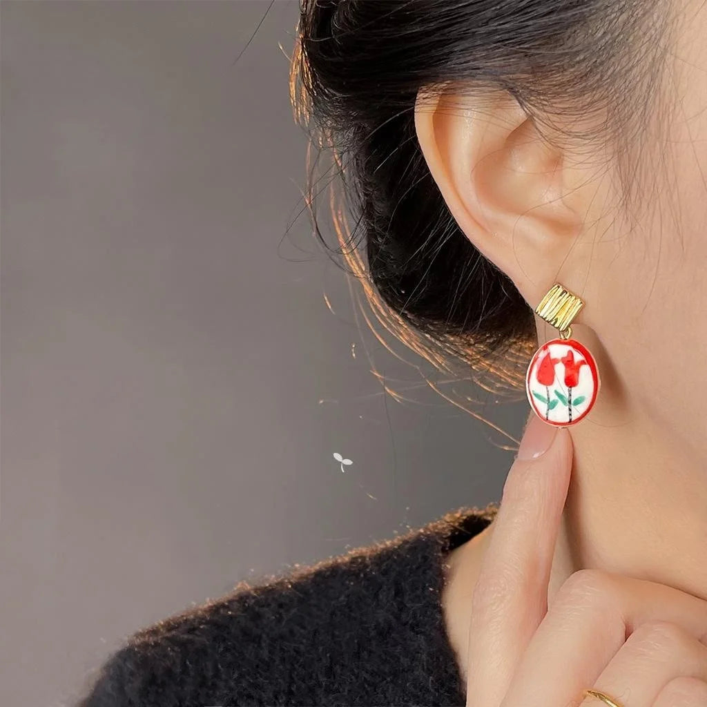 Original Design Copper Ceramic Hand Painted Tulip Flower Drop Earrings For Women