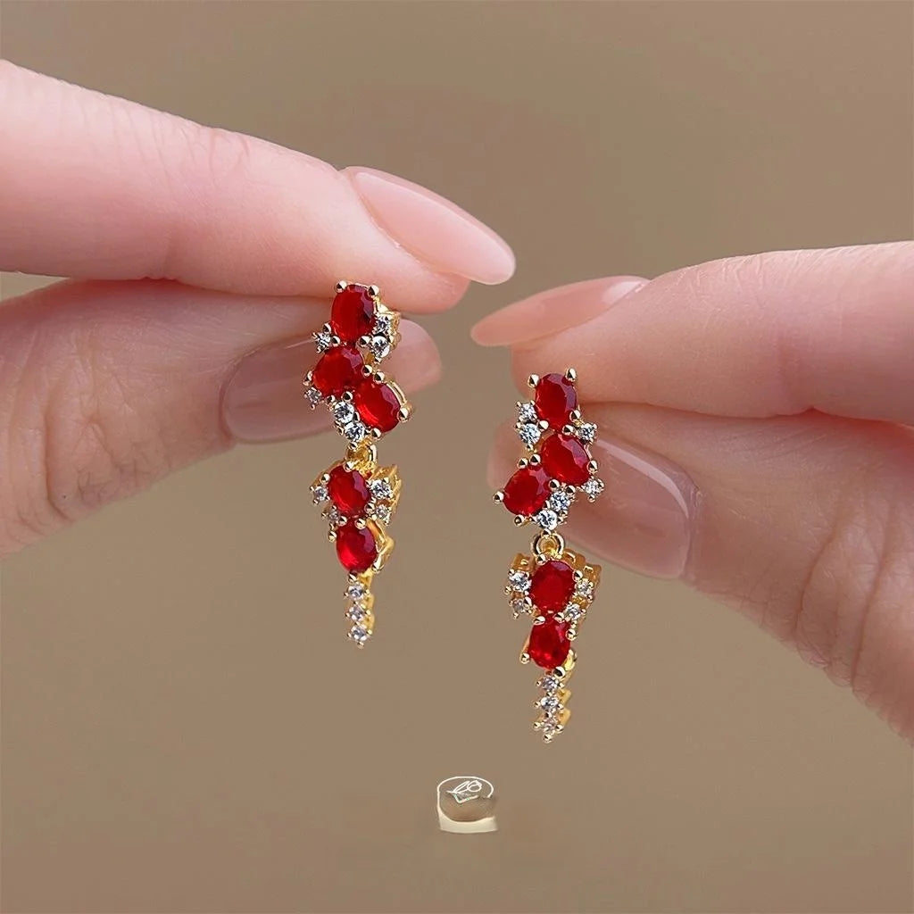 Old Money Burgundy Zircon Wheat Tassel Drop Earrings With Copper Geometric Design